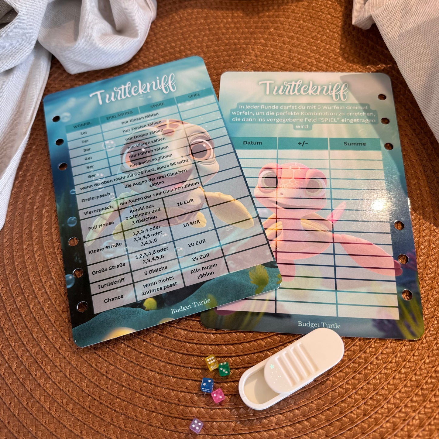Turtlekniff // Abheftbares Spielbrett // Spielbrett mit Würfel, 3D gedrucktem Würfelcase und Tracker