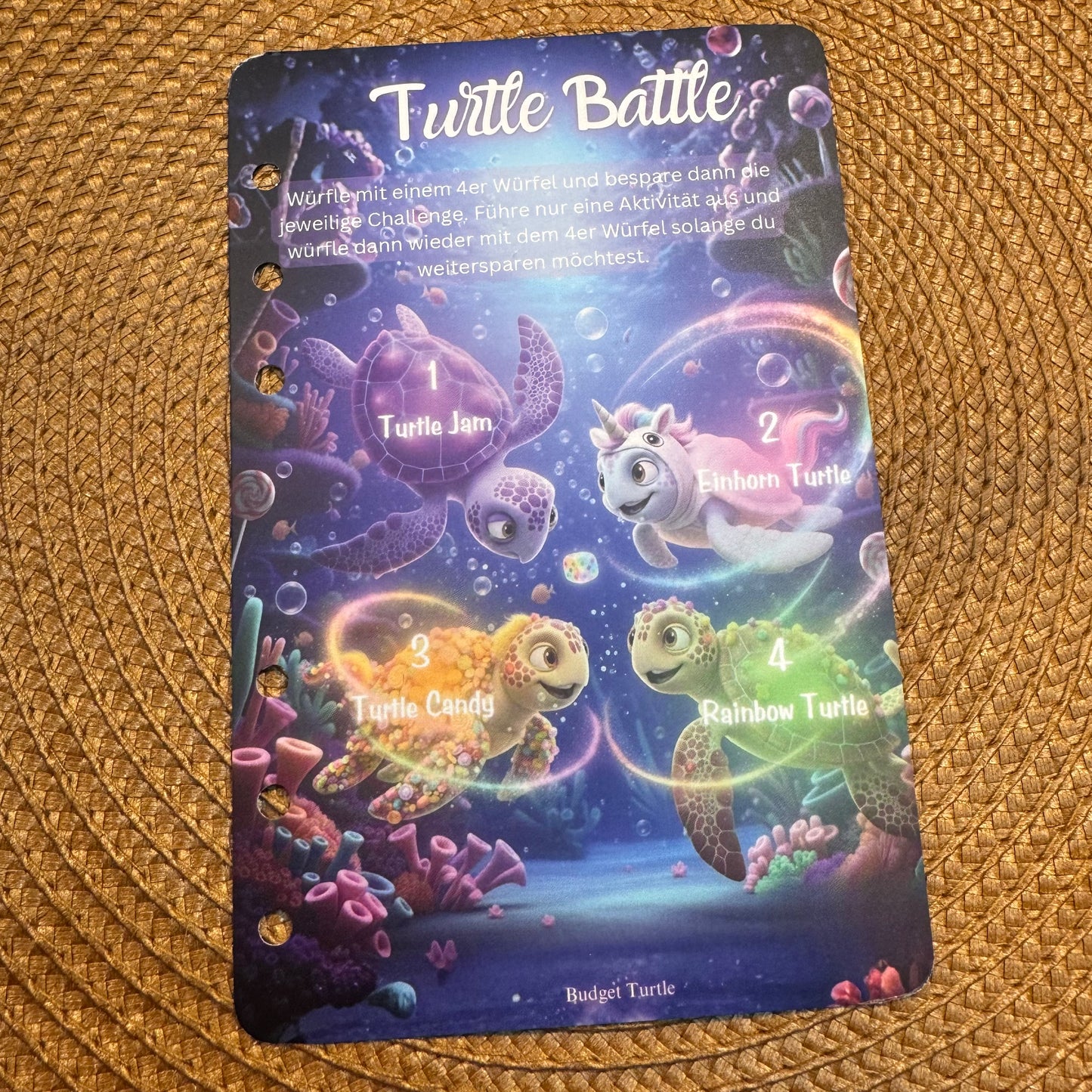 Turtle Battle // Sparspiel // Spielbrett mit 4 Challenges, 4-er Würfel & Tracker