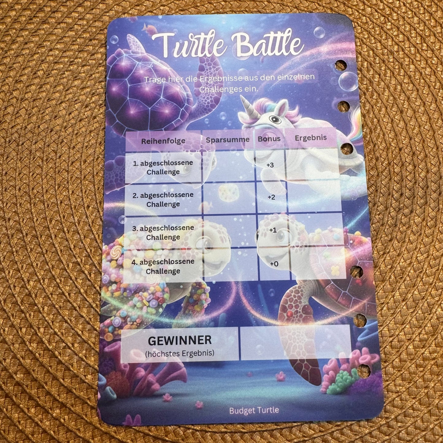Turtle Battle // Sparspiel // Spielbrett mit 4 Challenges, 4-er Würfel & Tracker
