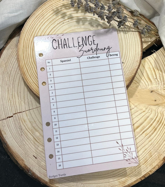 Challenge Zuordnung // beige // A6 Budgetplaner Tracker // gelocht & laminiert