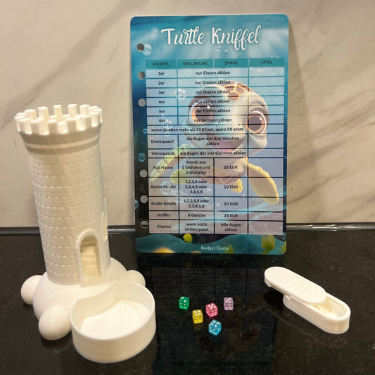 Turtle Kniffel // Abheftbares Kniffel Spielbrett // Spielbrett mit Würfel, 3D gedrucktem Würfelcase und Tracker
